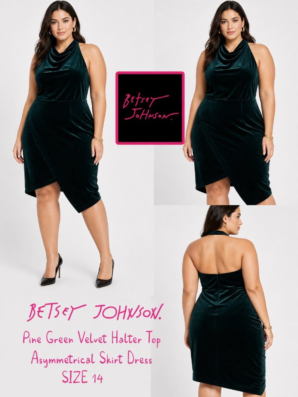 Betsey Johnson Velvet Halter Dress Asymmetrical Hem Green Party Cocktail Size 14